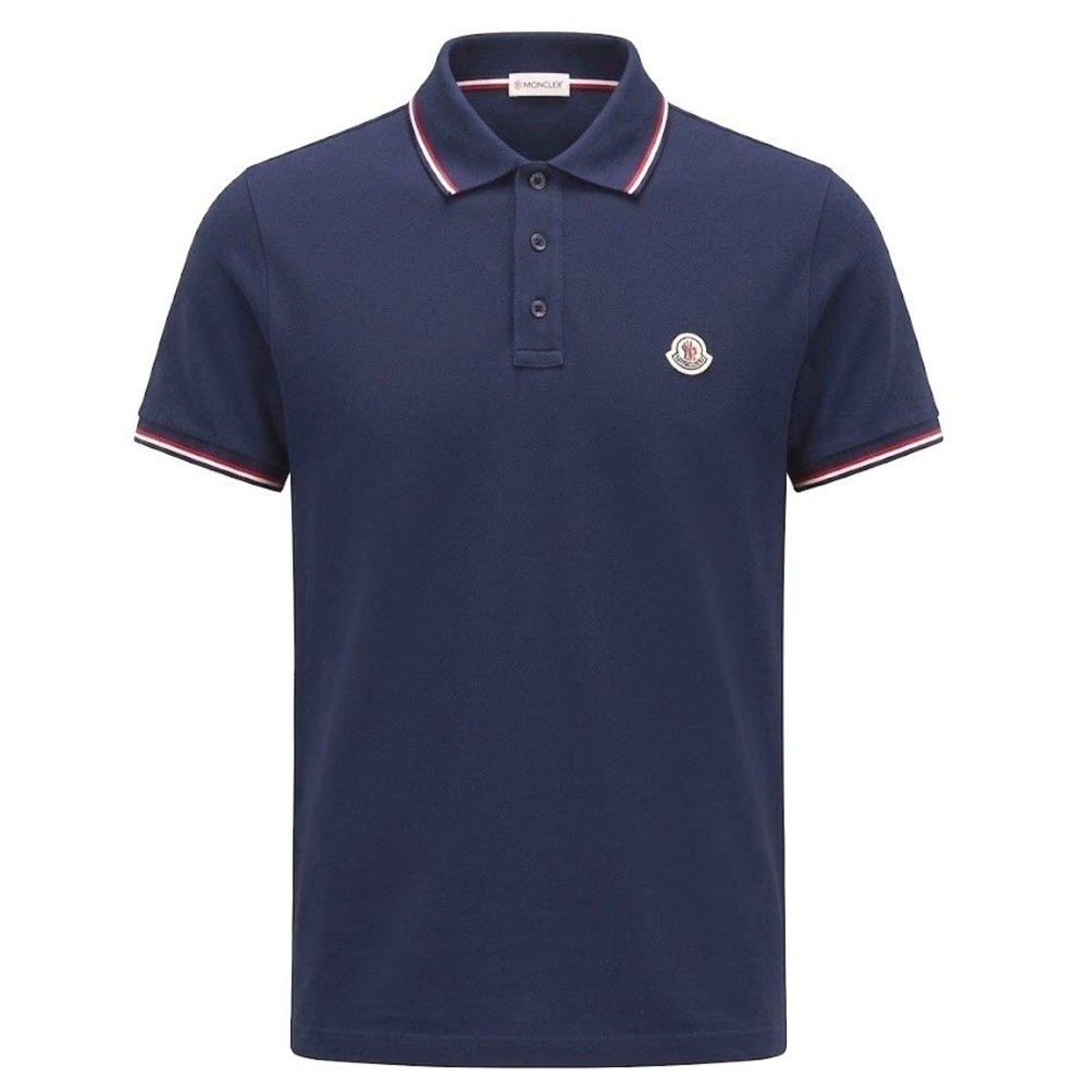 Moncler Mens Short Sleeve Pique Polo Navy Blue Tricolor Trim Large